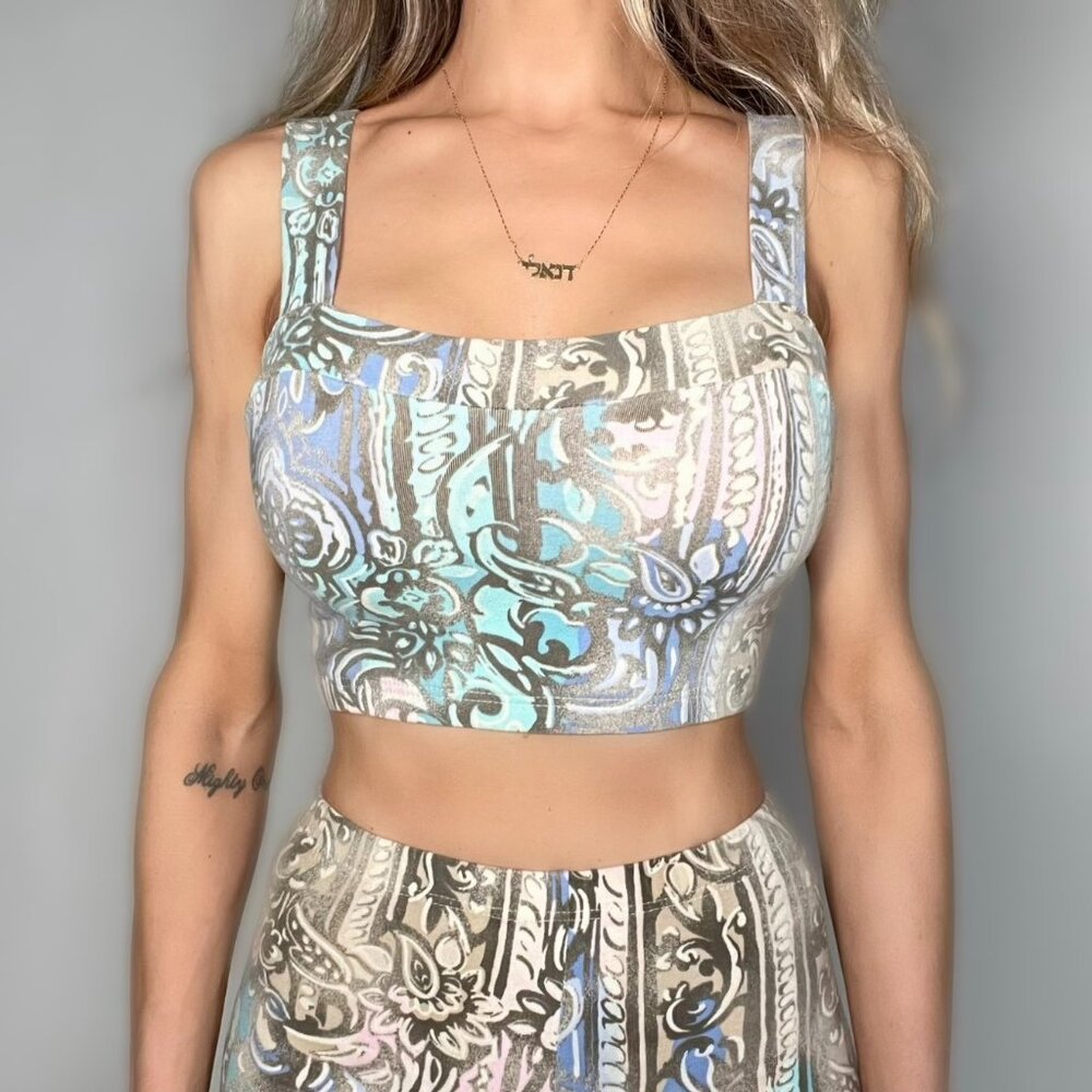 Vintage Compressive Crop Sport Bra Longline Cami Top Pastel Paisley - Sporty